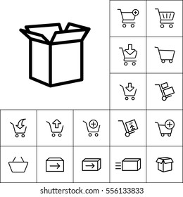 thin line shipping box icon on white background, online shopping set