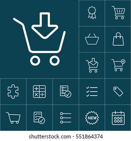 thin line shopping card, trolley icon on blue background, shopping icons set