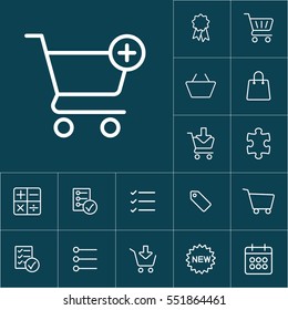 thin line shopping card, trolley icon on blue background, shopping icons set