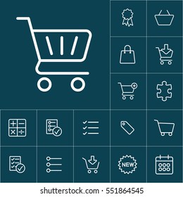 thin line shopping card, trolley icon on blue background, shopping icons set