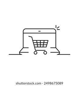 thin line shopping cart in laptop. linear flat style trend modern logo graphic art ui element isolated on white background. concept of easy e-commerce or