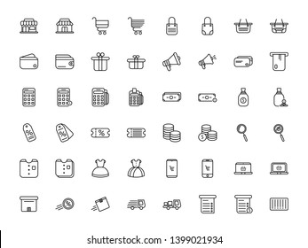 Thin line shopping icons set, E-commerce, vector illustration. market, trolley, cart, wallet, money, tote bag, calculator, dress, cloth, search icon, atm, atm card, discount, truck, shipping