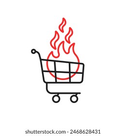 thin line shopping trolley with flame icon. e-shop retail emblem or easy express order badge for customer or supermarket clients. web simple element for graphic design or ecommerce internet website