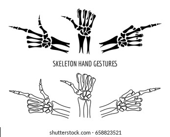 Thin line and silhouettes of skeleton hands gestures on white background. Vector illustration