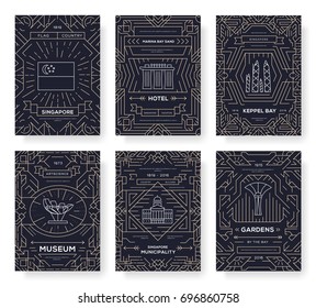 Thin Line Singapore Travel Vacation Guide Concept. Art Architecture, Magazine, Book, Poster, Abstract, Banners, Element. Vector Traditional Ethnic Outline Package Greeting Card Or Invitation Brochure.