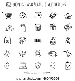 Thin line sketch styled vector web icon  set for E-commerce, retail and shopping.