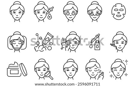 Thin line skin care icon. Cosmetics design. Outline set of wrinkles vector icons for ui design. Facial skin care icons. Female face and a small syringe and an injection drug. Vector illustration.