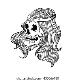 Thin line skull label. Retro vector design graphic element, badge, emblem, logo, insignia, sign, identity, logotype, poster. Stroke hipster illustration with typographic for t-shirt prints.