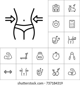 thin line slim diet icon, workout training set on white background