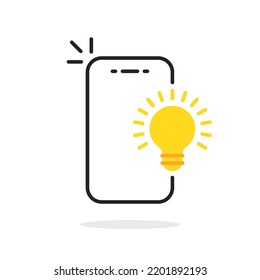 Thin Line Smart Phone Icon With Yellow Lightbulb. Flat Lineart Simple Logotype Stroke Art Design Web Element Isolated On White. Concept Of Search Tech Solution Or Online Quizz Badge Or Examination