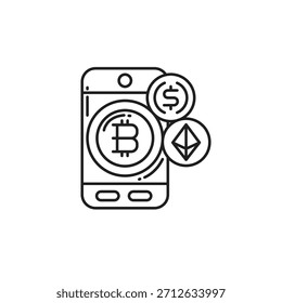 Smartphone de línea delgada con símbolo de Bitcoin, que representa pagos criptográficos, moneda digital y comercio móvil. Ideal para App de fintech, billeteras de blockchain y plataformas de criptomonedas.