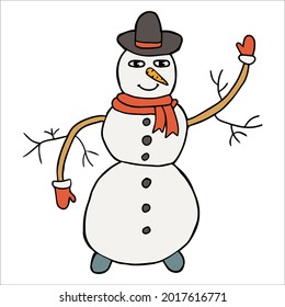 Thin line smiling doodle snowman with hat and carrot isolated on white. Black outline. 