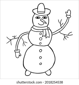 Thin line smiling doodle snowman with hat and carrot isolated on white. Black outline. 