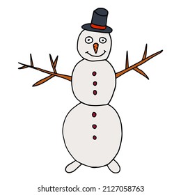 Delgado cola sonriente muñeco de nieve con sombrero y zanahoria aislado en blanco. Borde negro.