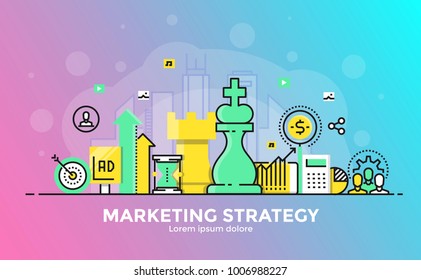 Thin line smooth gradient flat design banner of Marketing Strategy for website and mobile website, easy to use and highly customizable. Modern vector illustration concept, isolated on white background