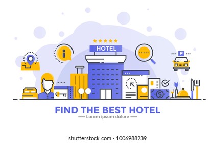 Banner de diseño plano de gradiente liso y delgado de la línea Encuentra el mejor hotel para sitio web y sitio web móvil, fácil de usar y altamente personalizable. Concepto vectorial moderno, aislado en fondo blanco.