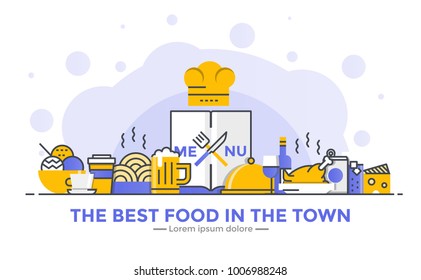 Thin line smooth gradient flat design banner of Restaurant for website and mobile website, easy to use and highly customizable. Modern vector illustration concept, isolated on white background.