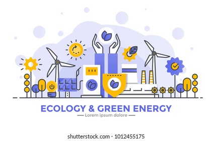 Thin line smooth gradient flat design banner of Ecology and Green Energy for website and mobile website, easy to use and highly customizable. Modern vector concept, isolated on white background.