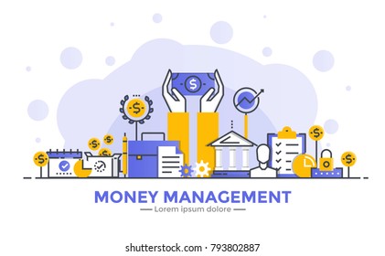 Thin line smooth gradient flat design banner of Money mangement for website and mobile website, easy to use and highly customizable. Modern vector illustration concept, isolated on white background.