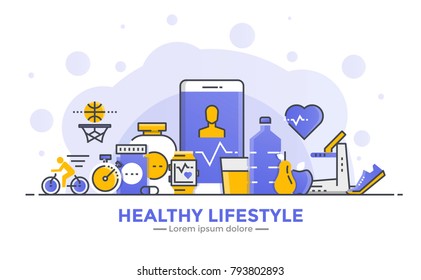 Thin line smooth gradient flat design banner of Healthy Lifestyle for website and mobile website, easy to use and highly customizable. Modern vector illustration concept, isolated on white background.