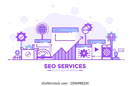 Thin line smooth purple and blue flat design banner of SEO Services for website and mobile website, easy to use and highly customizable. Modern vector concept, isolated on white background.