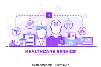 Thin line smooth purple and blue flat design banner of Healthcare service for website and mobile website, easy to use and highly customizable. Modern vector concept, isolated on white background.