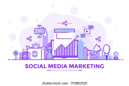 Thin line smooth purple and blue flat design banner of Social Media Marketing for website and mobile website, easy to use and highly customizable. Modern vector concept, isolated on white background.
