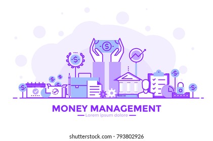 Banner de diseño liso, liso, liso, liso y plano, de Money Management para sitio web y web móvil, fácil de usar y altamente personalizable. Concepto vectorial moderno, aislado en fondo blanco.