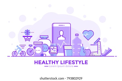 Thin line smooth purple and blue flat design banner of Healthy Lifestyle for website and mobile website, easy to use and highly customizable. Modern vector concept, isolated on white background.