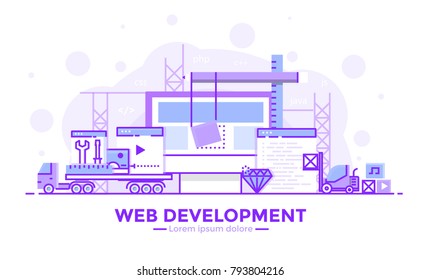 Thin line smooth purple and blue flat design banner of Web Development for website and mobile website, easy to use and highly customizable. Modern vector concept, isolated on white background.