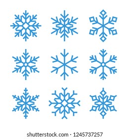 thin line snowflake icons. blue frozen star logo or symbol. outline winter collection. lineart christmas set. isolated on white background. vector illustration