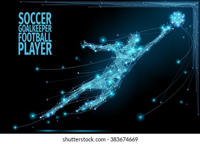 Thin line soccer player in motion from blue polygonal. Football goalkeeper jumping after the ball. Abstract poly vector illustration