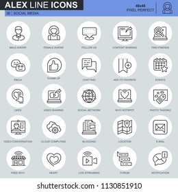 Thin line social media and network icons set for website and mobile site and apps. Contains such Icons as Avatar, Emoji, Chating, Likes. 48x48 Pixel Perfect. Editable Stroke. Vector illustration.