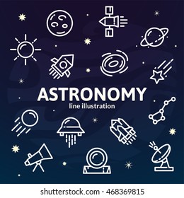 Thin line Space elements set, Astronomy outline logos on night background, vector illustration