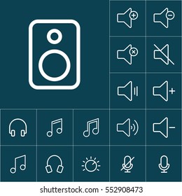 thin line speaker icon on blue background, audio icons set