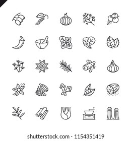 Thin line spices, condiments and herbs icons set for website and mobile site and apps. Outline icons design. 48x48 Pixel Perfect. Linear pictogram pack. Vector illustration.