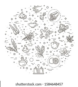 Thin line spices, condiments and herbs icons set