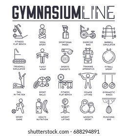 Thin line sporty men and women doing exercises and working out in gymnasium.  Flat outline people working out in sport gym vector illustration concept.