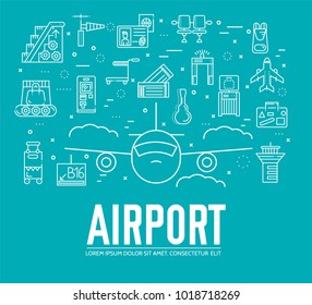 Thin line staff working and registering people and luggage in the airport design.  Registration outline vector illustration concept.
