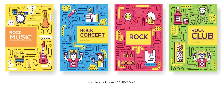 Thin line stage with different music instruments brochure card set. Equipment for plating rock'n'roll template of flyer, magazines, poster, book cover, banner. Outline club and bar invitation concept