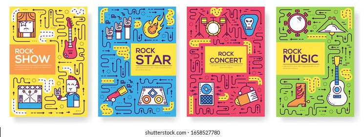 Thin line stage with different music instruments brochure card set. Equipment for plating rock'n'roll template of flyer, magazines, poster, book cover, banner. Outline club and bar invitation concept