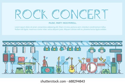 Thin line stage with different music instrunents and equipment for plating rock'n'roll concept.  Vector flat outline festival on rock concert design illustration.