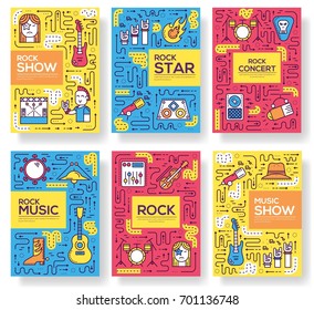 Thin line stage with different music instrunents brochure card set. Equipment for plating rock'n'roll template of flyear, magazines, poster, book cover, banner. Outline club and bar invitation concept