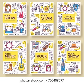 Thin line stage with different music instrunents brochure card set. Equipment for plating rock'n'roll template of flyear, magazines, poster, book cover, banner. Outline club and bar invitation concept