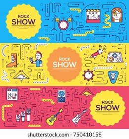 Thin line stage with different musical instruments brochure card set. Equipment for plating rock'n'roll template of flyer, magazines, poster, book cover, banner. Outline club and bar invitation