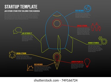 Thin line startup infographic template with space rocket - dark version