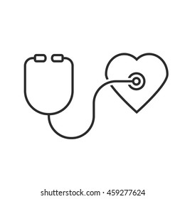 thin line stethoscope heart. concept of emergency, first aid, hear cardiac, cure, healthy, illness, nursing human. outline style trend modern logotype design vector illustration on white background