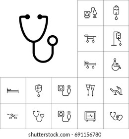 thin line stethoscope icon, medical tools set on white background