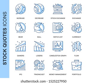 Thin Line Stock Quotes Related Vector Icons Set for Website and Mobile Site and Apps. Outline icons design. Contains such Icons as IPO, Portfolio, Money Management and more. Linear Pictogram Pack.