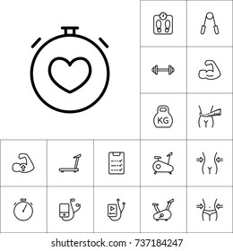 thin line stopwatch with heart icon, workout training set on white background